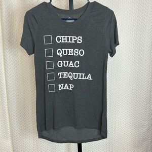 NWOT Gray Graphic Tee  “checklist” Tee Chips Queso Guac Tequila Nap